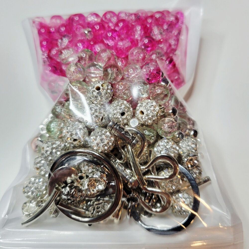 Curated Hot Pink Glass Bead And Silver Charm Mix Jewelry Making Kit Mystery Jar